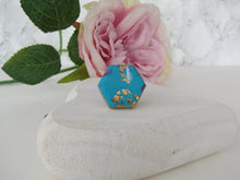 Modern Polymer Clay Adjustable Ring Blue, Pink & Gold Marble Hexagon R3