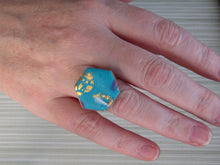 Modern Polymer Clay Adjustable Ring Blue, Pink & Gold Marble Hexagon R3