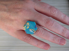 Modern Polymer Clay Adjustable Ring Blue, Pink & Gold Marble Hexagon R3