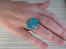 Modern Polymer Clay Adjustable Ring Blue, Pink & Gold Marble Hexagon R3