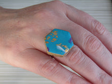 Modern Polymer Clay Adjustable Ring Blue, Pink & Gold Marble Hexagon R3