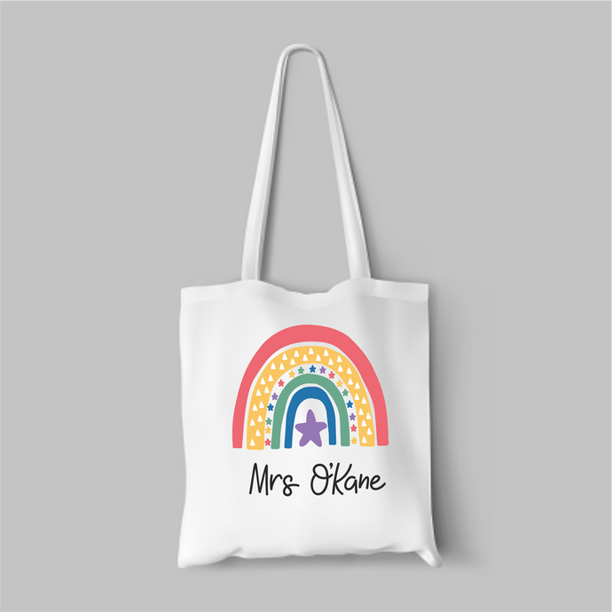 Personalised Rainbow Teacher Bag Customisable Name, Custom Leaving End of Term Gift, Teacher Tote Bag - Bright Rainbow