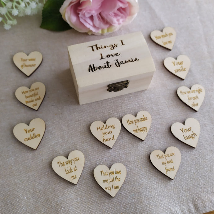 12 Things I love about .... Keepsake  - chest and hearts - romantic / wedding day gift - Fred And Bo