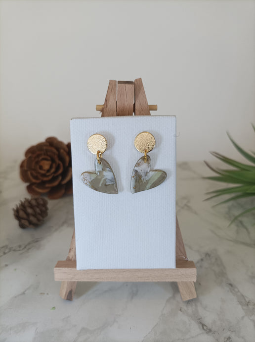 Induere - Polymer Clay Earring | Beige & Gold Marble Heart #174