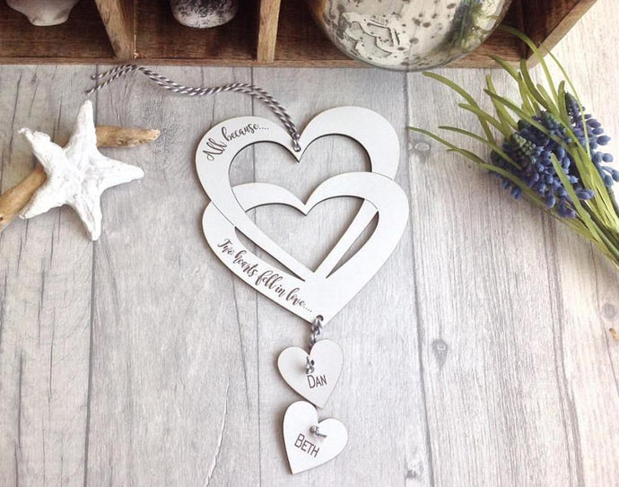 Double heart  with two hanging hearts- laser cut and laser engraved - Fred And Bo
