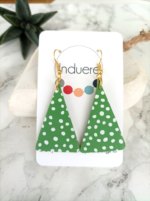Induere - Christmas Tree Green Polka Dot Triangle Earrings #180