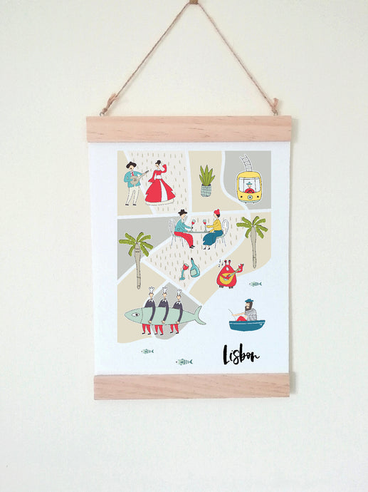 Wall Poster A4 Wooden Hanging Frame - Map of Lisbon