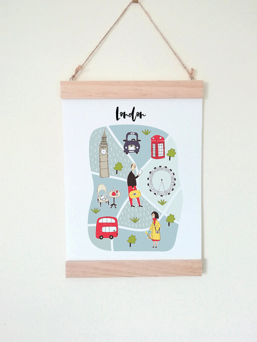 Wall Poster A4 Wooden Hanging Frame - Map of London