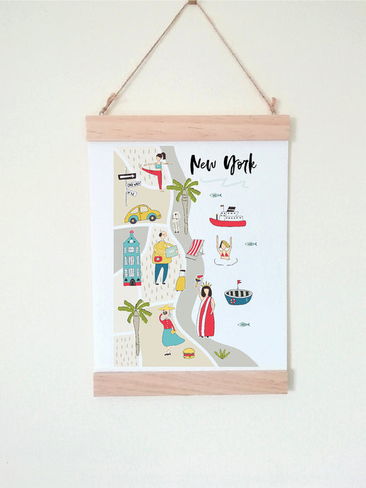 Wall Poster A4 Wooden Hanging Frame - Map of New York