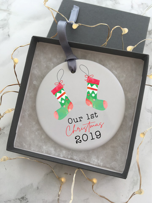 Our 1st Christmas - Festive Stocking - Ceramic Hanging Decoration - Fred And Bo