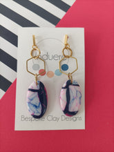 Induere Statement Polymer Clay Earrings - Navy And Pink Marble Oval with gold bar stud and drop accents - Resin #065
