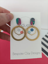 Induere Statement Polymer Clay Dangle Drop Earrings - Peacock Marble effect clay Resin stud with gold hexagon & circle Dangle #088