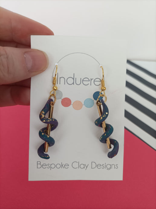 Induere Statement Polymer Clay Dangle Drop Earrings - Peacock Marble effect clay Resin Twist with gold accents Dangle
