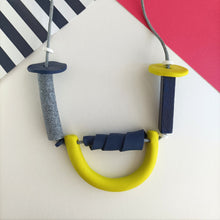 Chunky Funky Bright Colourful Navy Grey and Neon Yellow Polymer Clay Beaded Statement piece Necklace
