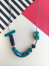 Chunky Turquoise Navy & Gold Polymer Clay Beaded Statement piece Necklace