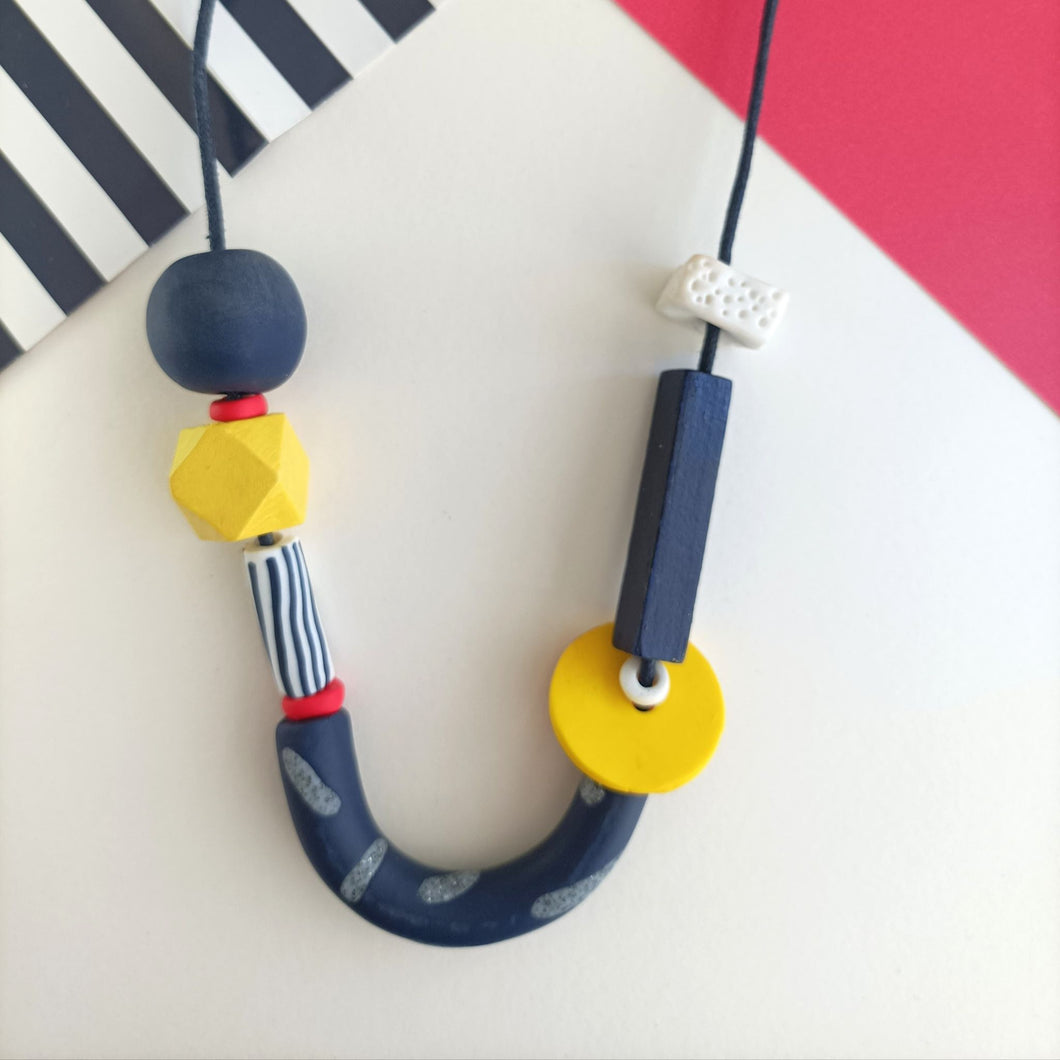 Chunky Navy and Yellow Breton Jubilee Style Polymer Clay Beaded Statem Fred And Bo