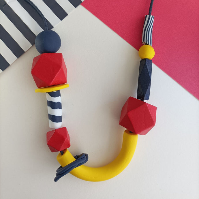 Chunky Red, Navy & Yellow Stripe Breton Style Polymer Clay Beaded Statement piece Necklace