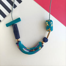 Chunky Turquoise Navy & Gold Polymer Clay Beaded Statement piece Necklace