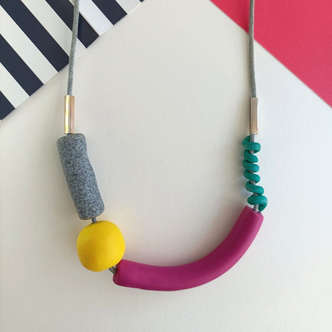 Chunky Turquoise Yellow Granite and Pink Polymer Clay Beaded