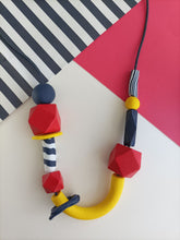 Chunky Red, Navy & Yellow Stripe Breton Style Polymer Clay Beaded Statement piece Necklace