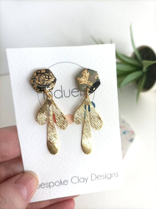 Induere Statement Polymer Clay Dangle Drop Earrings | Roisin | Black Pastel & Gold | Hexagon stud with gold coloured accents #024