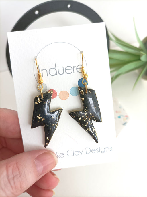Induere Statement Polymer Clay Earrings | Patsy | Black & Gold Lightening Bolt #045