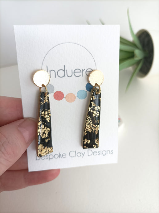 Induere Statement Polymer Clay Dangle Drop Earrings | Patsy | Black & Gold | Gold Stud Clay Resin Oblong Dangle