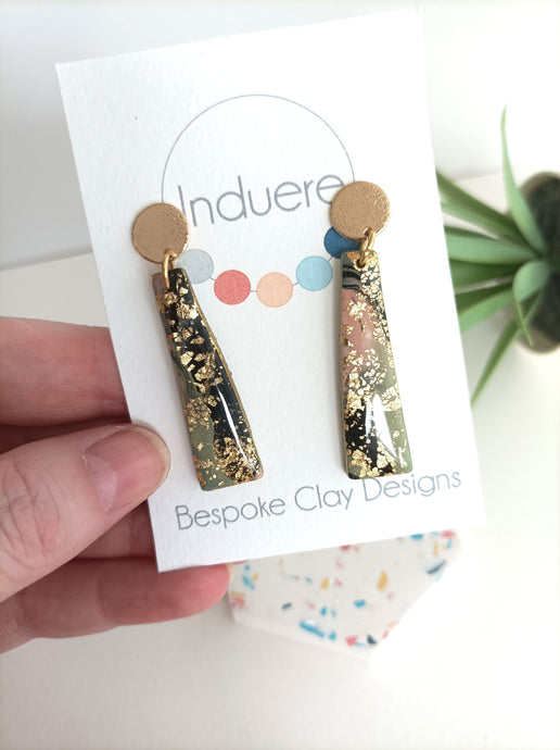 Induere Statement Polymer Clay Dangle Drop Earrings | Roisin | Black Pastel & Gold | Gold Stud Clay Resin Oblong Dangle
