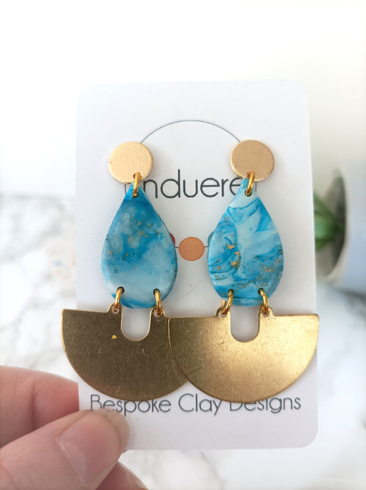 Statement Polymer Clay Dangle Drop Earrings | Sadie | Teal Marble effect Drop with Brass Arch Charm