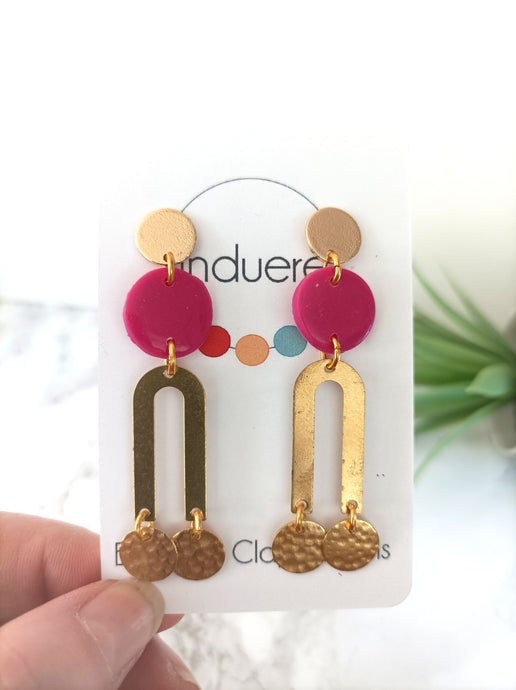 Induere Statement Polymer Clay Dangle Drop Earrings - Fushia clay Resin stud U shape with gold accents Dangle