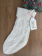 Personalised knitted Christmas stocking with laser cut wooden tag. Keepsake gift. Family gift. Handmade small family gift business made in UK
