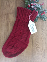 Personalised knitted Christmas stocking with laser cut wooden tag. Keepsake gift. Family gift. Handmade small family gift business made in UK