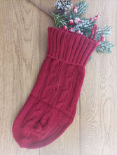 Personalised knitted Christmas stocking with laser cut wooden tag. Keepsake gift. Family gift. Handmade small family gift business made in UK