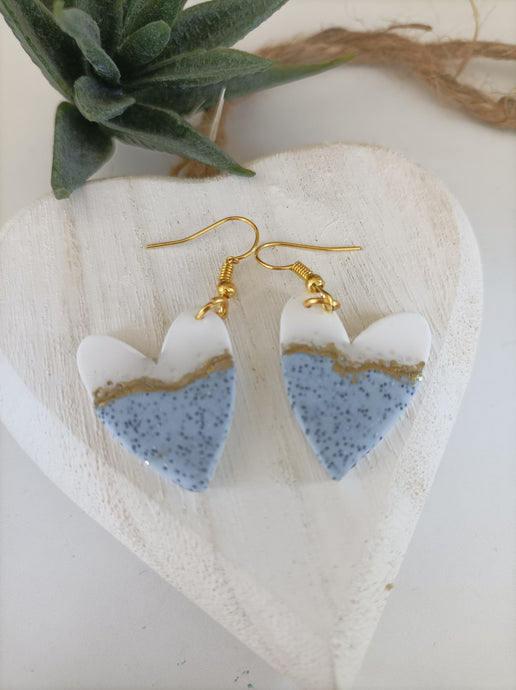 Induere Statement Polymer Clay Dangle Drop Earrings | Sarah | White, Grey & Gold Heart clay Resin #105