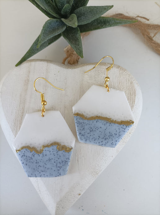 Induere Statement Polymer Clay Dangle Drop Earrings | Sarah | White, Grey & Gold Hexagon clay Resin #104