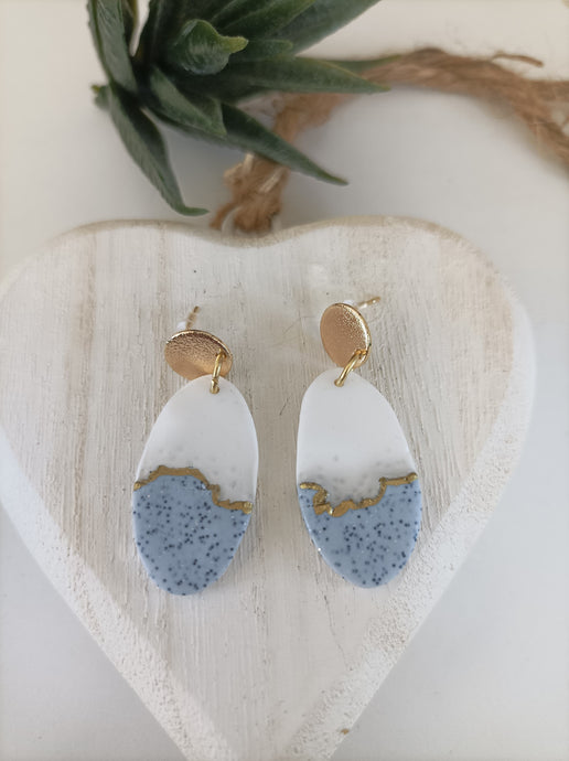 Induere Statement Polymer Clay Dangle Drop Earrings | Sarah | White, Grey & Gold Oval clay Resin #106