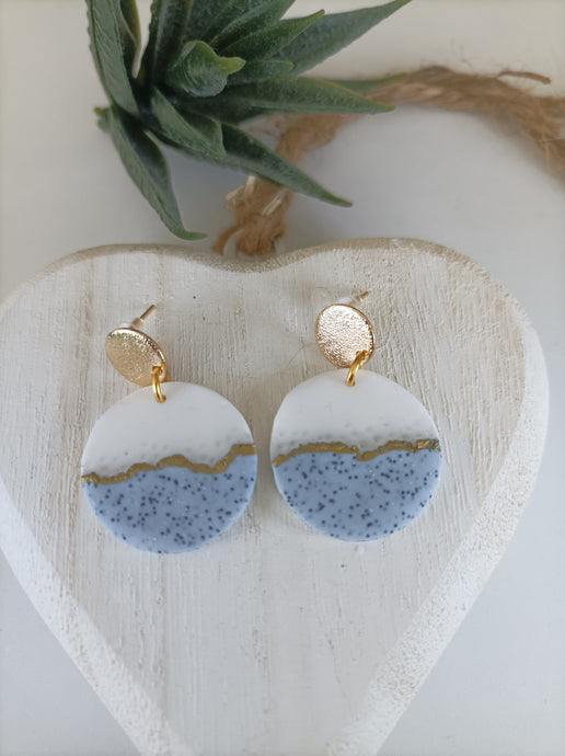 Grey Blue and white with gold studs Polymer clay dangle earrings. Handmade earrings, Local gift shop small business Leeds. Made in the UK