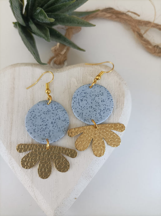 Grey Blue  Polymer clay with gold findings dangle earrings. Handmade earrings, Local gift shop small business Leeds. Made in the UK