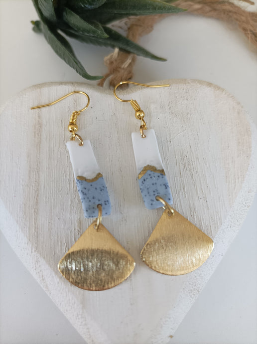 Grey Blue and white with gold findings Polymer clay dangle earrings. Handmade earrings, Local gift shop small business Leeds. Made in the UK