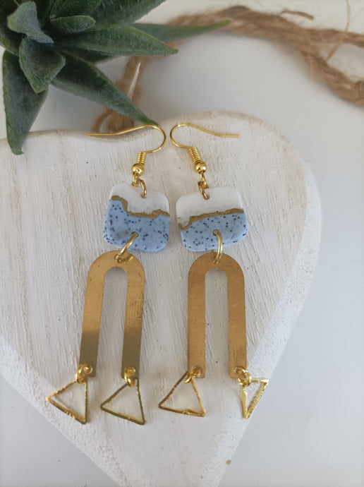 Grey Blue and white with gold findings Polymer clay dangle earrings. Handmade earrings, Local gift shop small business Leeds. Made in the UK