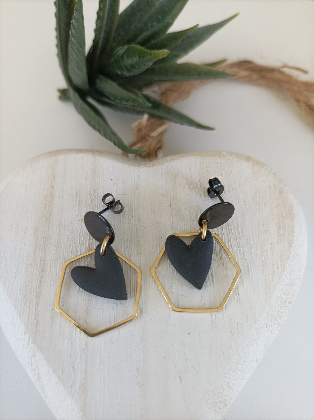 Induere Statement Polymer Clay Dangle Drop Earrings | Suzy | Black Heart Hexagon clay  #101