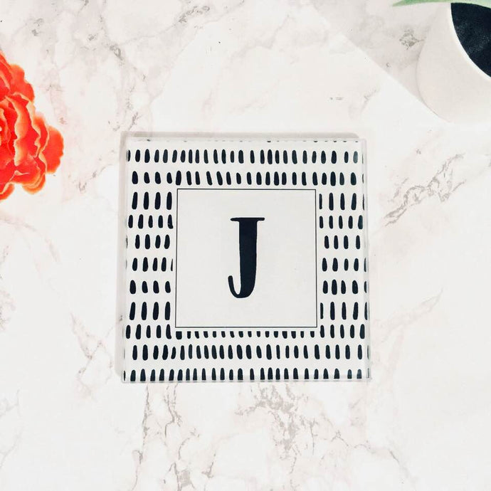 Scandi Doodle dabs Initial- printed glass coaster - Fred And Bo