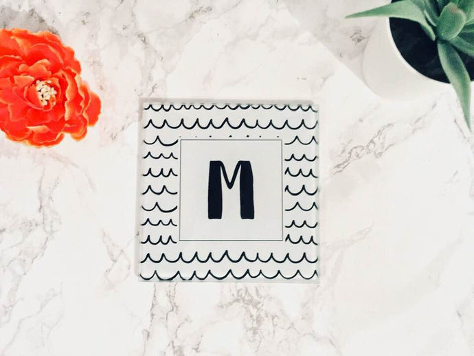 Scandi Doodle wave Initial- printed glass coaster - Fred And Bo