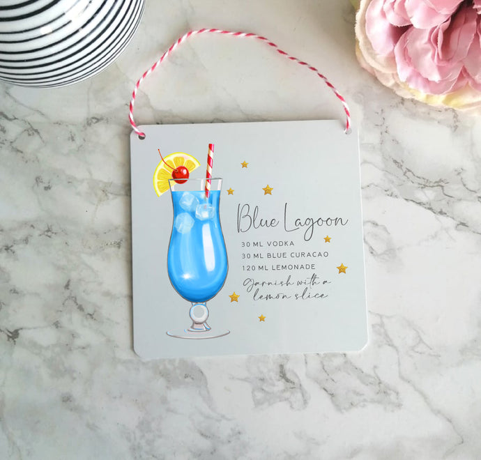 Blue Lagoon- Cocktail Recipe -  Little Metal Hanging Plaque