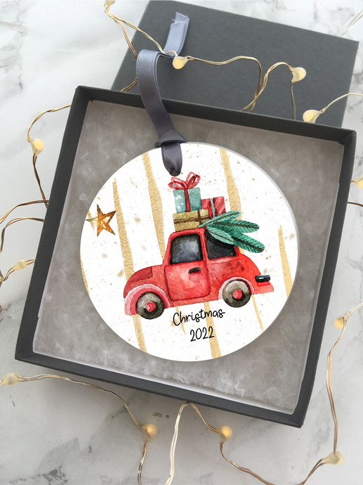 Festive Car and Tree Ceramic Hanging Decoration