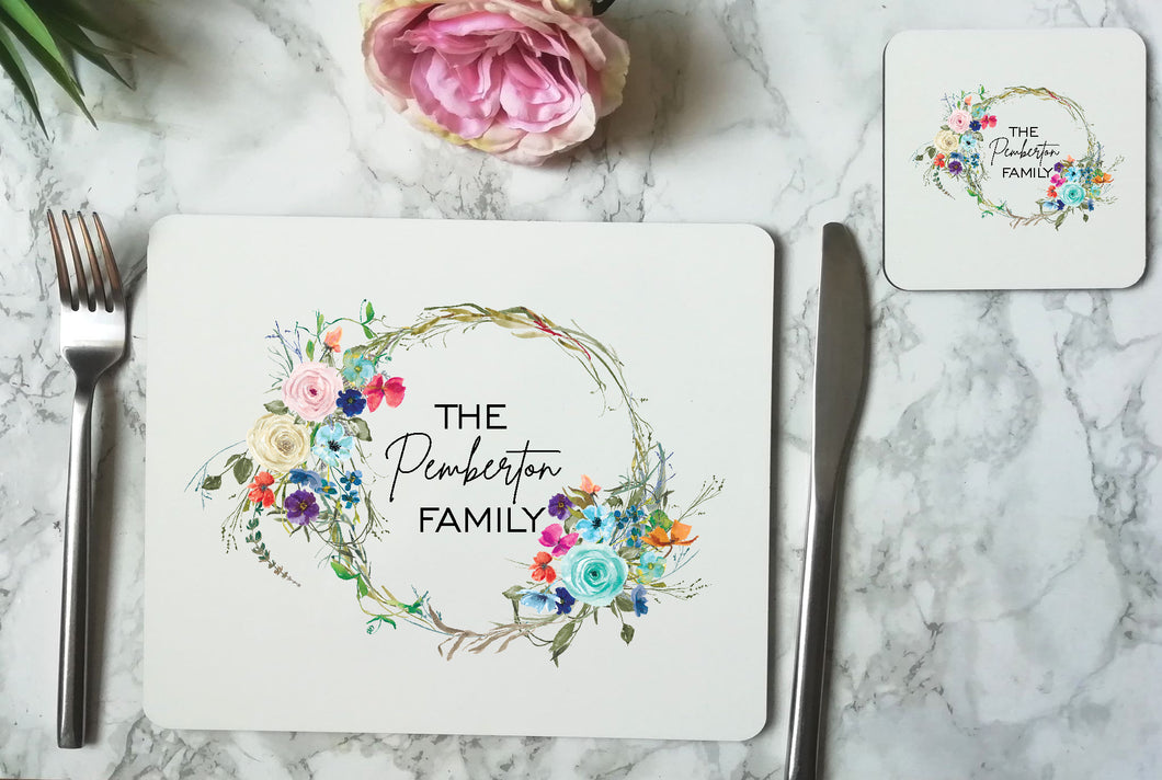 Personalised Watercolour Floral Wreath Place Mat & Coaster