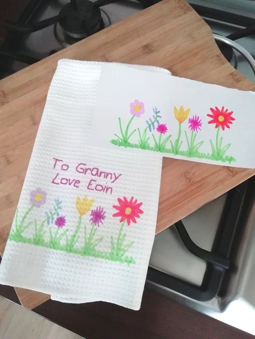 Tea Towel Personalised ....Childrens drawing Printed Tea Towel - Fred And Bo