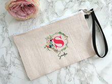 Personalised Linen pouch- Initial Wreath with Name
