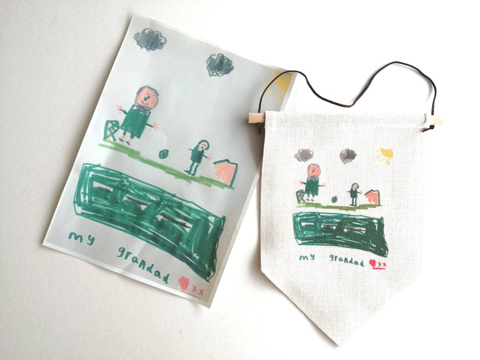We can print your childs drawing onto one of our items to make a special custom gift for grandparents or someone special. Sublimation printed pennant flag. Small business UK Leeds. Personalised gift shop