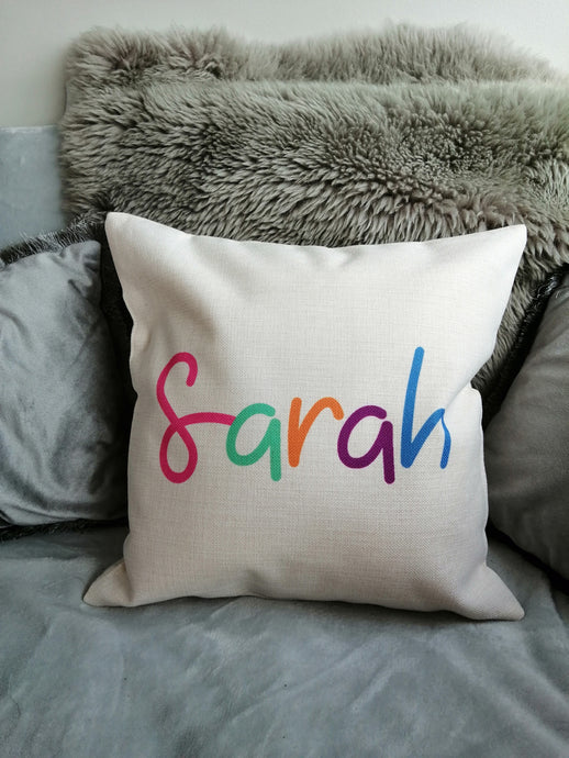 Personalised Name in Multi Coloured Cursive Font Cushion - Personalised Printed Cushion